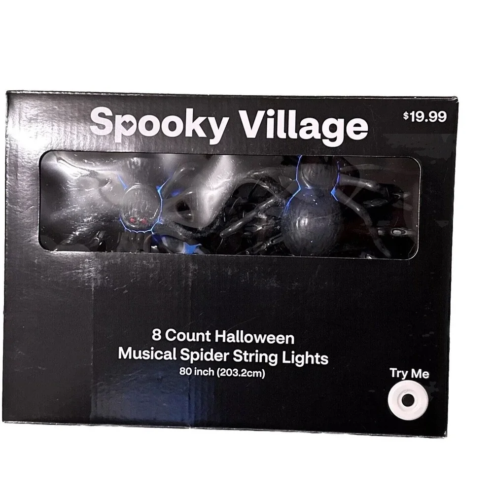 NIB Spooky Village 8 Count Musical Spider String Blue Lights 80